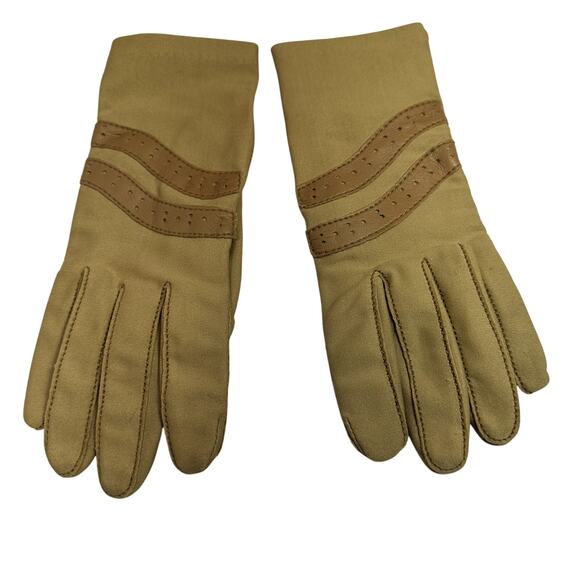 VTG Womens Gloves SZ S Leather & Woven Stretch Fabric Beige Driving Transitional - Picture 1 of 3